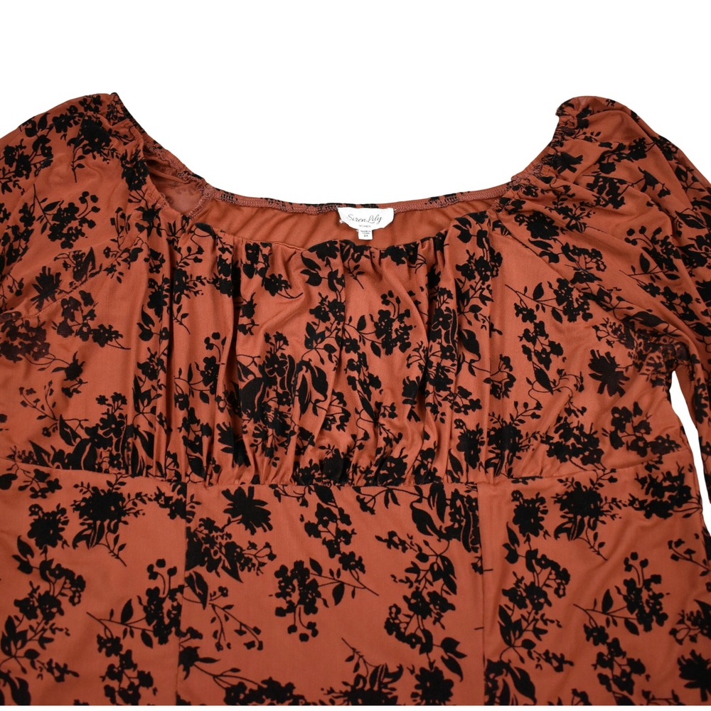 Boho Mesh Floral Blouse Top Orange Ruched Square Neck Balloon Sleeve Fall Colors - Picture 2 of 9
